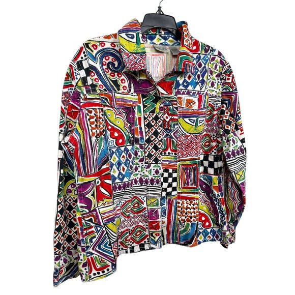 Chicos Jacket Size 2 US Large Multicolor Print Art to Wear Trucker Snap - Picture 4 of 10